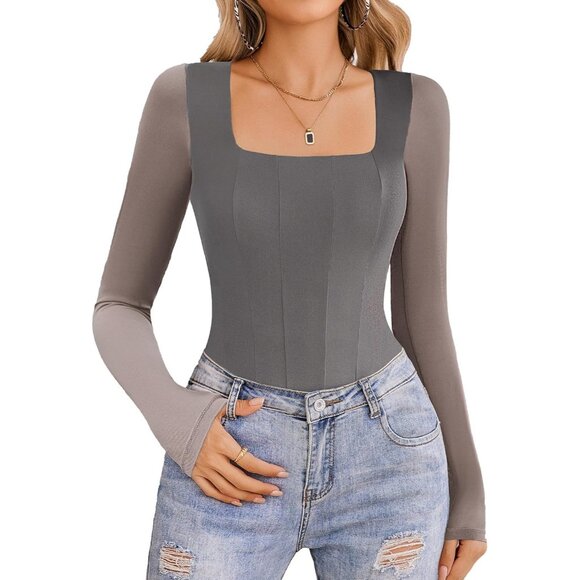 Women's Dark Gray Long Sleeve Bodysuits Square Neck One Piece Mesh Leotard Tops